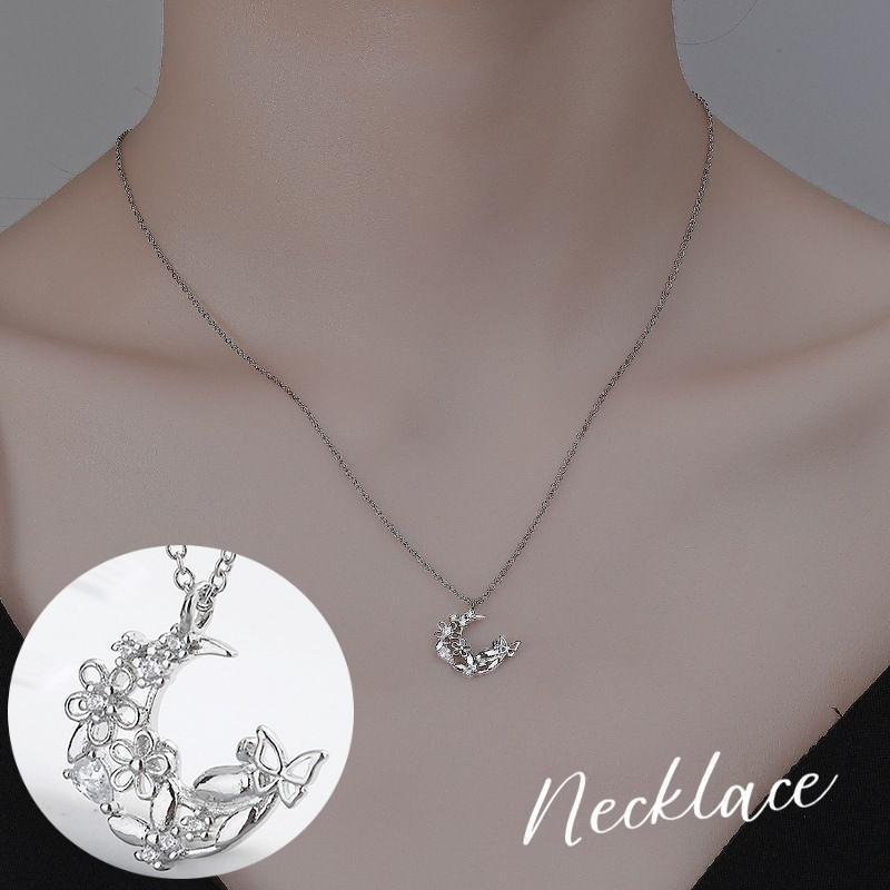 ネックレス ペンダント レディース アクセサリー シルバーカラー あずきチェーン ムーン 月 バタフライ フラワー ラインストーン キラキラ 上品 大