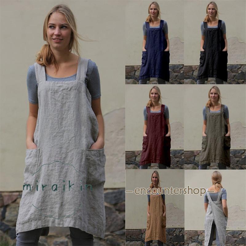 エプロン 大きいサイズ レディース コットン ボタン ワンピース お料理 キッチン ロング 冬 春 秋 カー..