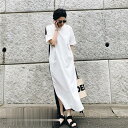 Tシャツワンピース ロング丈 レディース 配色切替 半袖 クルーネック ロングワンピース フリーサイズ 韓国風 日常感 ゆるワンピース きれいめ 夏コーデ トレ...