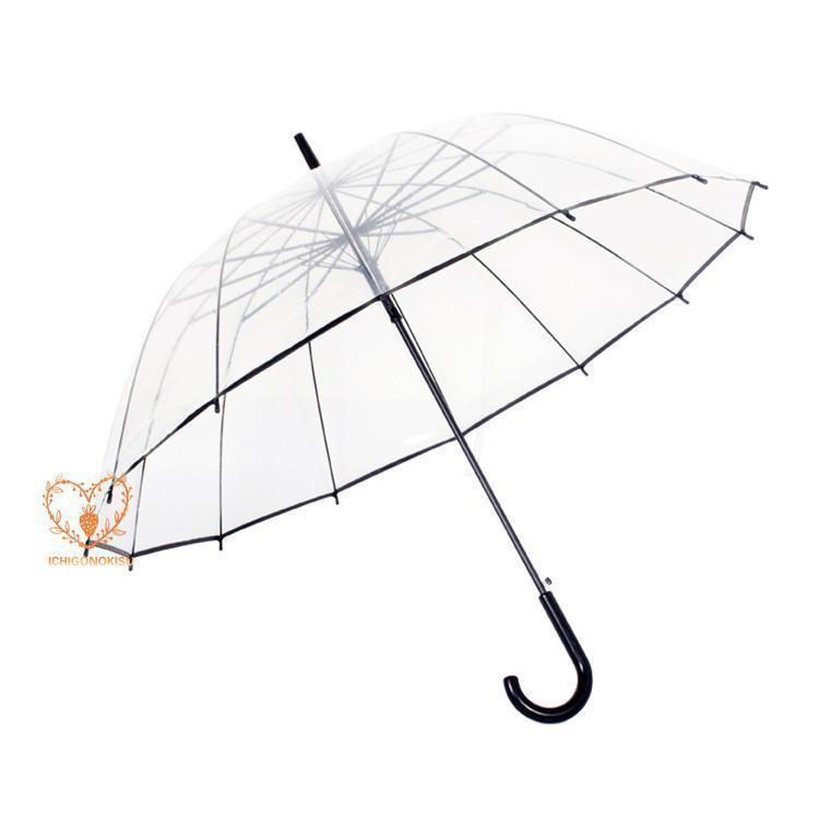 傘 長傘 透明傘 雨傘 レディース メンズ 長柄 ボタン手動開閉式 ワンタッチ 16本骨 全面透明 かわいい ..