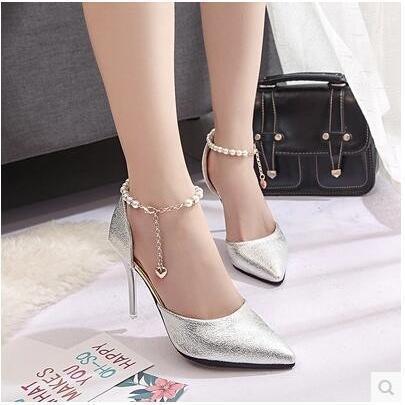 パンプス ポインテッドシューズ レディース ハイヒール 靴 アンクルストラップ パーティ パールアクセ..