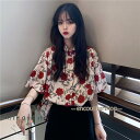シャツブラウス 花柄ブラウス ボタニカル柄 襟付き 花柄 可愛い レディース トップス 花柄シャツブラウス レッド薔薇 春夏 新作 バラ レッド