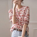 ブラウス レディース 40代 春夏秋新作 オシャレブラウス 花柄シフォンシャツ 半袖トップス Vネック パフスリーブブラウス 大人 上品 通勤OL ゆったり Tシャツ