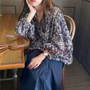 ブラウス レディース きれいめ 40代 秋新作 長袖ブラウス 花柄シャツ パフスリーブ Vネック シフォントップス オシャレカジュアル 韓国風 ゆったり 大人可...