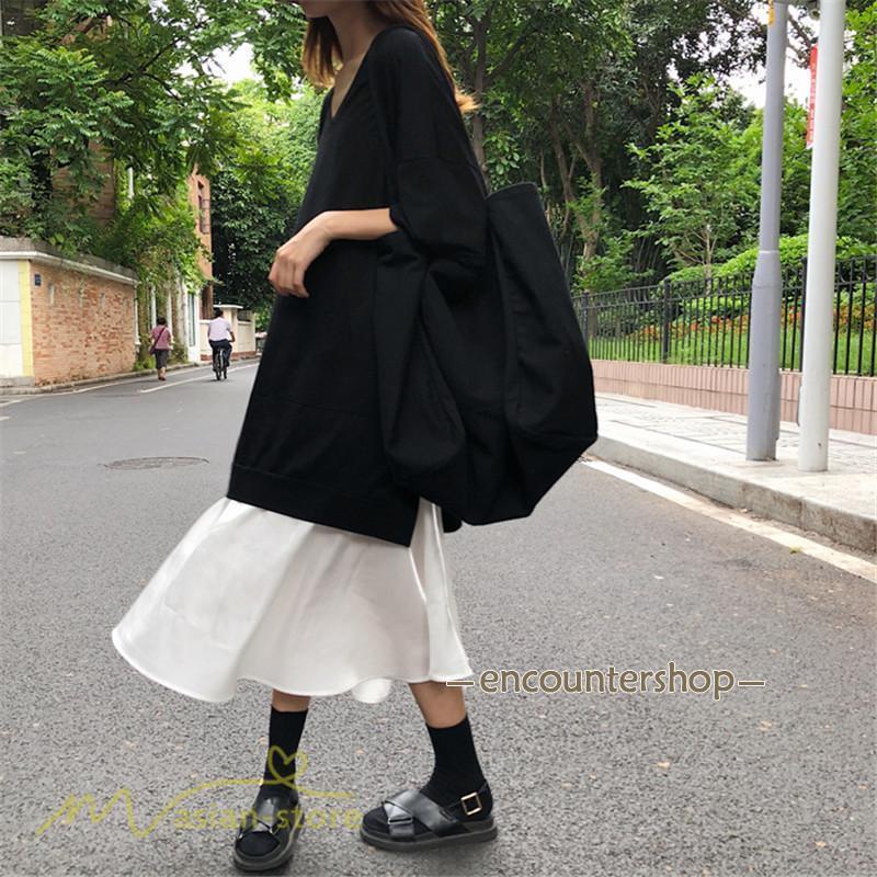 切り替えワンピース 半袖 ワンピース 黒白 フェイク2点 夏服 夏ワンピース Tシャツワンピース A