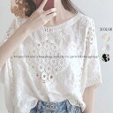 シャツ トップス ブラウス シャツブラウス レディース ドルマンスリーブ レース 透かし雕り 7分袖 無地 白シャツ 白 黒 シースルー ベーシック カジュアル