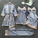 新作パジャマ ネグリジェ バスローブ レディース 花柄 前開き 春夏秋 5点セット キャミソール カーディガン プリント ルームウェア シルク 部屋着(4)
