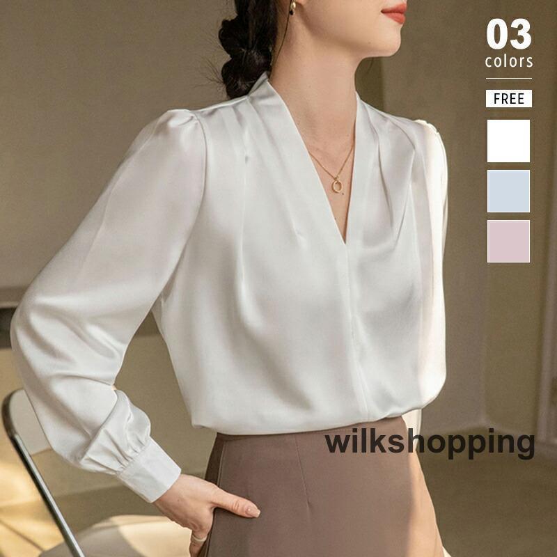 ブラウス さらてろ 長袖 レディース vネック トップス 光沢 サテン 肩 タック さらさら とろみ 華やか フォーマル オフィス オフィスブラウス エレガント