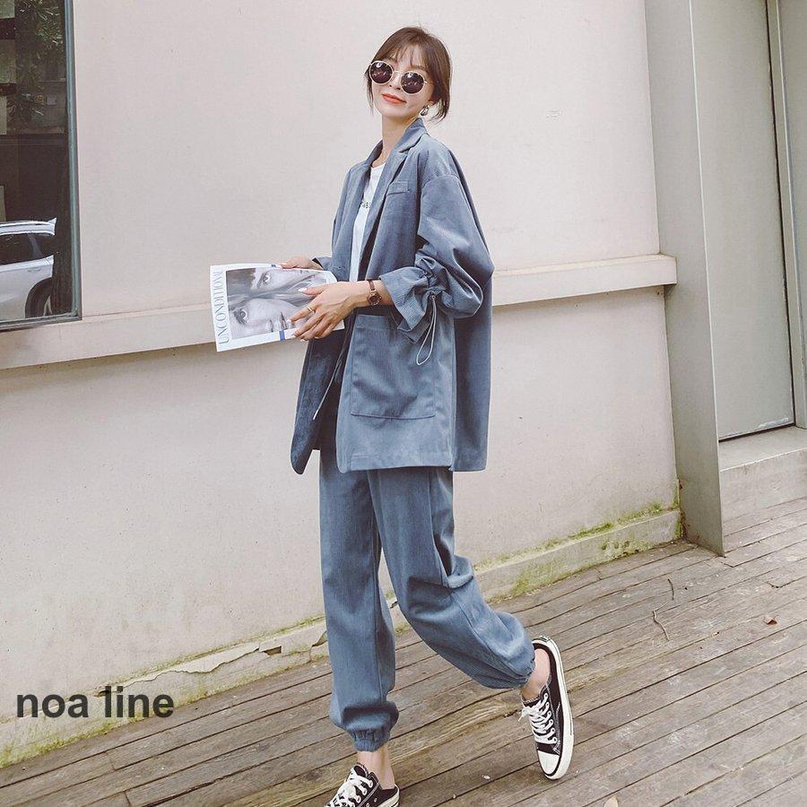 レディースファッション セットアップ ジャケット パンツ レディース 春 秋 グレーパープル 長袖 襟付き ボタン シングルブレスト ポケット ウエストゴム