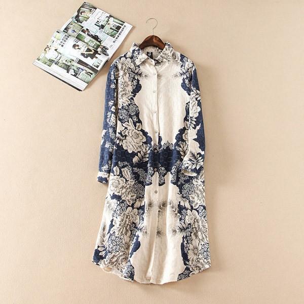 シャツワンピ レディース リネンシャツ 長袖 花柄 ワンピース 綿麻 ブラウス ロング丈 スプリングコート 薄手 アウター トップス 春夏秋