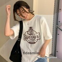 Tシャツ レディース tシャツ Tシャツ 五分袖 トップス カットソー 丸首 ロングt ミドル丈 ワイド 可愛い プリント ティー 白 グレー 緑 カーキ 大き...