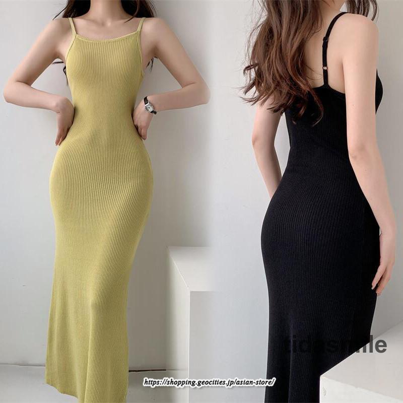 ワンピース ニットキャミソールワンピース タイト ロング マキシ丈 袖なし 無地 好印象 華やか シンプ..