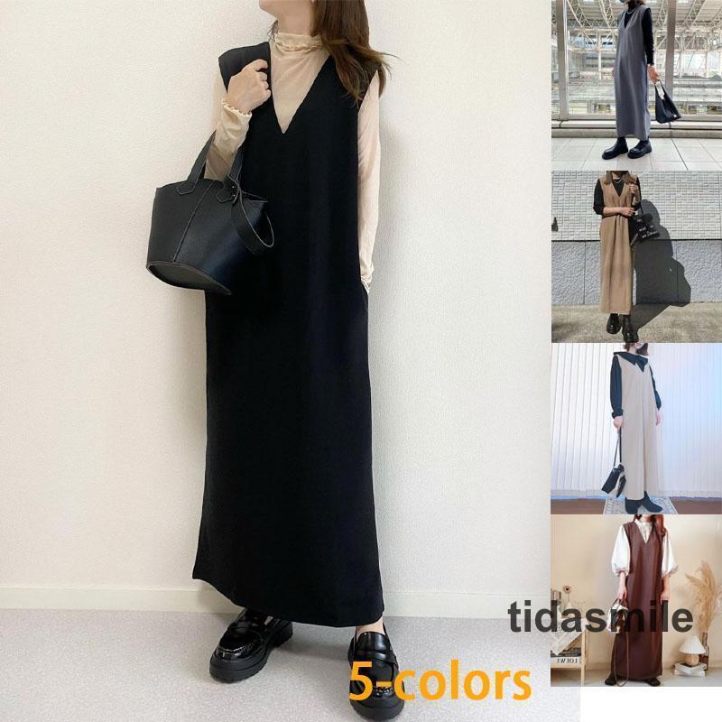 春NEWタイプ発売! ジャンパースカート ロングワンピース 大人 vネック ノースリーブ Iライン きれいめ オフィス 上品 ブラック