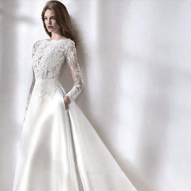 レース 長袖 ホワイト 結婚式ドレス サテン トレーン ウェディングドレス ドッキング 背開き Aライン ..