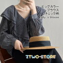 ブラウス レディース 長袖シャツ チェック柄 Vネック ビッグカラー ボリューム袖 柔らかい ゆったり 小顔効果 シンプル 快適 春秋
