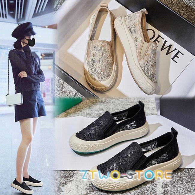 スリッポン レディース 厚底 フラットシューズ ラウンドトゥ レース ラインストーン 厚底スリッポン エ..