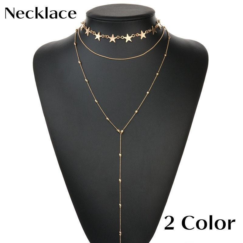 ネックレス 3連 レディース アクセサリー 星 チェーン チョーカー ラリエット ゴールドカラー シルバー..