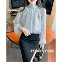 ブラウス 花柄 ブラウス レディース シアー トップス 春 秋 ハイネック 長袖 総柄 スタンドカラー バンドカラー 大きいサイズ 3L パフスリーブ