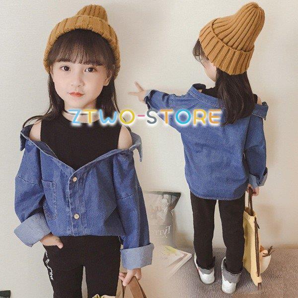 デニムシャツ風 プルオーバー 子供服 韓国子供服 女の子 キッズ ジュニア Tシャツ 長そで ダンガリー シャツ デニム 通園 通学 春 夏 秋
