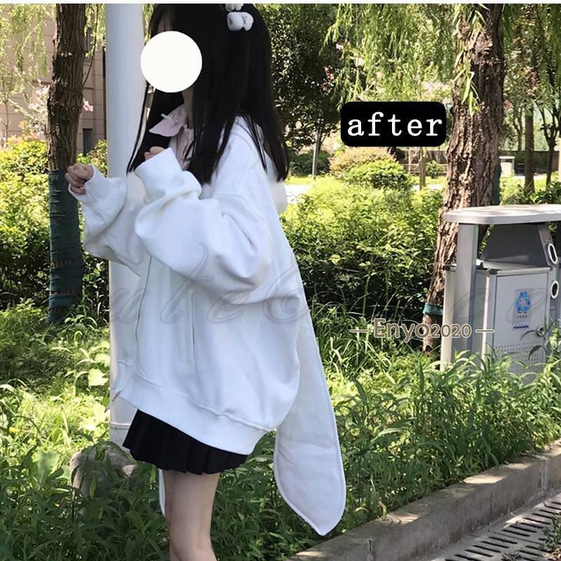 白 兎耳パーカー 長耳 スウェット トレーナ レディース トップス ウサギ 長袖 可愛い ドロップショルダー おしゃれ ゆったり 体型カバー 春 秋 冬