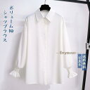 シャツブラウス 長袖 レディース Yシャツ シンプル ボリューム袖 パフスリーブ トップス 通勤通学 オフィス やや透け感 春夏秋冬 おしゃれ きれいめ