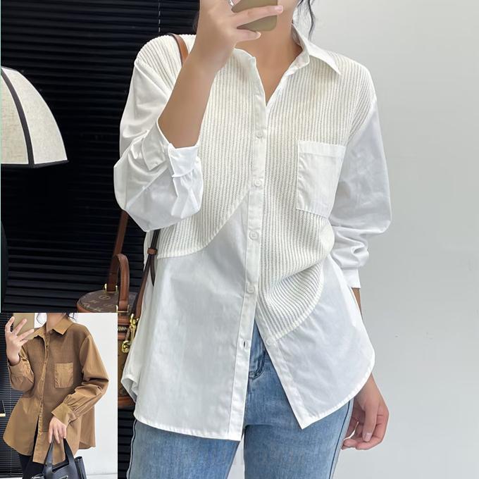 レディース トップス ブラウス シャツ 無地 ブロード ニット 異素材 ドッキング 切替 綿ブロード 針抜..