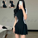 水着 レディース ワンピース 半袖 2types トップス スカート セット服 フリル フレア パッド付き ノーワイヤ 20代 30代 可愛い プール きれいめ
