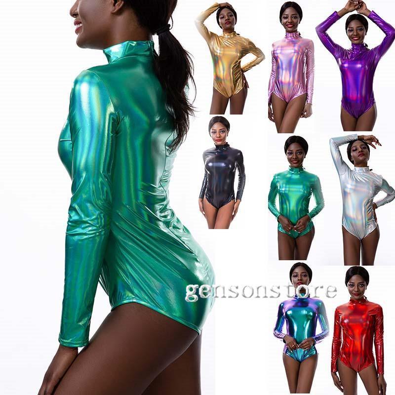 ダンス衣装、ステージ衣装メタリック 光沢感 インナー ハイネック 長袖 Tシャツ シンプル レオタード ..