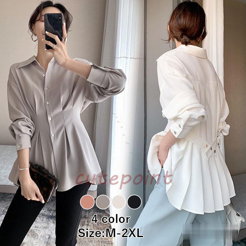 シャツブラウス レディース 長袖 秋 フォーマル きれいめ 可愛い プリーツ カジュアル 無地 シンブル ..