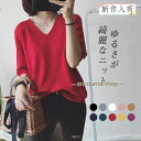 ニット カットソー Tシャツ Vネック ニットソー トップス インナー カラー配色 五分袖 半袖 無地 フィット ゆったり レディース きれいめ 春服