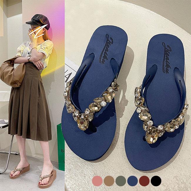 送料無料 トングサンダル ウェッジソール レディース サンダル 夏 ラインストーン トング スリッパ 軽..