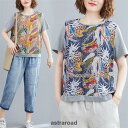 トップス Tシャツ プルオーバー レディース 花柄 半袖 Uネック 綿混 体型カバー ビッグサイズ レトロ カジュアル風 夏 体型カバー力抜群のアイテム夏