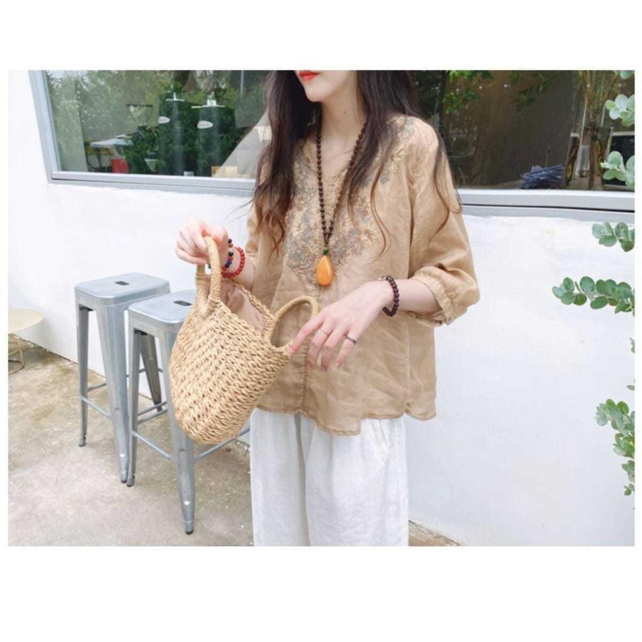 シャツ レディース tシャツ Tシャツ 刺繍 ブラウス Vネック 夏 トップス シャツブラウス 半袖 綿麻調 コットンリネン 体型カバー ゆ