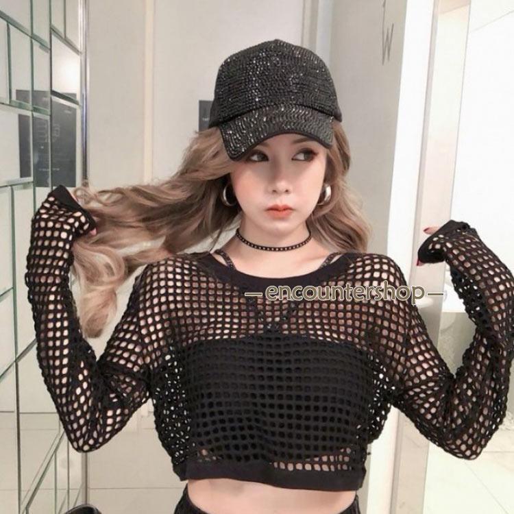 メッシュtシャツ ダンス衣装 ヒップホップ 網 トップス ショート丈 オーバーシルエット 長袖 シースルー カジュアル 夏 肌み