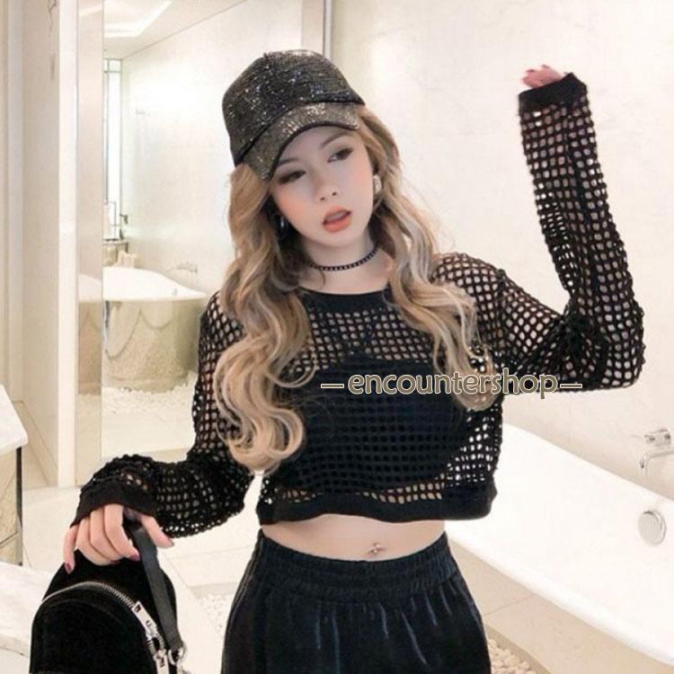 メッシュtシャツ ダンス衣装 ヒップホップ 網 トップス ショート丈 オーバーシルエット 長袖 シースルー カジュアル 夏 肌み