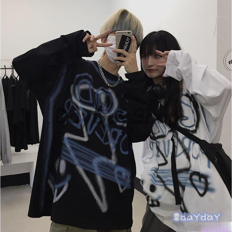 Tシャツ レディース 落書き 長袖 春夏秋 ゆるい トップス ファッション 原宿系 BF風 ヒップホップ ダン..