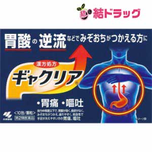 |商品区分:医薬品【ギャクリアの商品詳細】●胃酸の逆流などでみぞおちがつかえる方の、胃痛、嘔吐などのつらい症状を改善する漢方薬です。●8種類の生薬からなる漢方薬六君子湯(りっくんしとう)が、胃の痛みや嘔吐の原因となる胃液の排出機能の低下を改善していきます。●くり返す胃の不調を機能面から改善していきます。【効能 効果】・体力中等度以下で、胃腸が弱く、食欲がなく、みぞおちがつかえ、疲れやすく、貧血性で手足が冷えやすいものの次の症状：胃炎、胃腸虚弱、胃下垂、消化不良、胃痛、嘔吐【用法 用量】・次の量を食前または食間に水またはお湯で服用してください。(年齢・・・1回量／1日服用回数)大人(15才以上)・・・1包／2回15才未満・・・服用しないこと★用法・用量に関連する注意・定められた用法・用量を厳守すること・食間とは「食事と食事の間」を意味し、食後約2〜3時間のことをいいます。【成分】(1日量(2包：3.6g)中)六君子湯エキス(1／2量)・・・1.9g原生薬換算量(ニンジン・ソウジュツ・ブクリョウ・ハンゲ各2.0g、チンピ・タイソウ各1.0g、カンゾウ0.5g、ショウキョウ0.25g)添加物として、ステアリン酸Mg、ケイ酸AL、L-メントール、プロピレングリコール、無水ケイ酸、乳糖を含有する※本剤は天然物(生薬)を用いているため、顆粒の色が多少異なることがあります【注意事項】★使用上の注意(相談すること)・次の人は服用前に医師、薬剤師または登録販売者に相談すること(1)医師の治療を受けている人(2)妊婦または妊娠している人と思われる人(3)今までに薬などにより発疹・発赤・かゆみなどを起こしたことがある人・服用後、次の症状があらわれた場合は副作用の可能性があるので、直ちに服用を中止し、この文書を持って医師、薬剤師又は登録販売者に相談すること皮膚・・・発疹・発赤、かゆみまれに下記の重篤な症状が起こることがある。その場合は直ちに医師の診療を受けること肝機能障害・1ヵ月位服用しても症状がよくならない場合は服用を中止し、この文書を持って医師、薬剤師又は登録販売者に相談すること★保管及び取扱い上の注意・直射日光のあたらない湿気の少ない涼しい所に保管すること・小児の手の届かないところに保管すること・他の容器に入れ替えないこと(誤用の原因になったり品質が変わる)【発売元、製造元、輸入元又は販売元】小林製薬541-0045 大阪市中央区道修町4-3-6 小林製薬株式会社 お客様相談室／受付時間 9時〜17時0120-5884-01[胃腸薬]|【お買い上げ前にお読みください】※パッケージデザイン等が予告なく変更される場合もあります。※商品廃番・メーカー欠品など諸事情によりお届けできない場合がございます。※お取り寄せ商品についてお取り寄せ商品の記載がある場合在庫がある場合は即時発送いたしますが、お取り寄せの場合は5〜10日以上お時間がかかる場合がございます。納期につきましてはお気軽にお問合せください。またお取り寄せ商品のご注文後のキャンセルは出来ません。※商品は店頭販売商品もございますので、照明によりパッケージが色あせしている場合がございます。※宅急便以外の発送方法について、お客様への送料の負担軽減のため、厚みの関係により、パッケージ裏の空洞部分を潰して発送する場合がございます。ギフト用などの場合は発送を宅急便をご指定ください。※こちらの商品は沖縄県より発送いたします。発送元住所：〒903-0801 沖縄県那覇市首里末吉町4-1-2◆上記注意事項をあらかじめご了承いただき、ご購入ください。◆ご不明な点はお気軽にお問合せください。広告文責：(有)みなと薬品　TEL:098-988-9800【第2類医薬品】ギャクリア(10包)