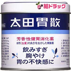 |商品区分:医薬品太田胃散は、健胃生薬(自然薬物)に制酸剤、消化酵素を配合した複合胃腸薬です。 飲みすぎ、胸やけ、胃もたれなど各種の胃症状に、おだやかですぐれた効きめをあらわします。 七種の生薬の効果的な配合が、胃の働きを良好にし、飲みすぎ、胃のもたれ、食欲不振などに効果。 速効性、持続性、遅効性の作用時間の異なる制酸剤が胃液の酸度を調整、胸やけ、胃痛などに効果。 また消化酵素を働きやすくする。 生薬特有の芳香味と効き目を生かすため散剤に。 またL-メントールと制酸剤の働きと相まってすっきりした服用感をもたらす。 散剤は作用も早い。 成 分：1日量(1.3g)中ケイヒ…92mg、ウイキョウ…24mg、ニクズク…20mgm、チョウジ…12mg、チンピ…22mg、ゲンチアナ…15mg、ニガキ末…15mg、炭酸水素ナトリウム…625mg、沈降炭酸カルシウム…133mg、炭酸マグネシウム…26mg、合成ケイ酸アルミニウム…273.4mg、ビオヂアスターゼ…40mg、L-メントール用法・用量： 大人1回1.3g、8〜14才1回0.65g、以上いずれも1日3回食後または食間に服用してください。(食間とは食後2〜3時間のことをいいます。) ※添付のさじは、すり切り一杯で約1.3gです。中ぶた裏のすり切り板をご使用ください。 効能・効果： 飲みすぎ、胸やけ、胃もたれ、食べすぎ、胃痛、胃部不快感、消化不良、消化促進、食欲不振、胃弱、胃酸過多、胃部・腹部膨満感、はきけ(胃のむかつき、二日酔・悪酔のむかつき、悪心)、嘔吐、胸つかえ、げっぷ、胃重【発売元、製造元、輸入元又は販売元】太田胃散112-0011 東京都文京区千石2-3-203-3944-1311[胃腸薬]※商品廃番・メーカー欠品など諸事情によりお届けできない場合がございます。原産国：日本|【お買い上げ前にお読みください】※パッケージデザイン等が予告なく変更される場合もあります。※商品廃番・メーカー欠品など諸事情によりお届けできない場合がございます。※お取り寄せ商品についてお取り寄せ商品の記載がある場合在庫がある場合は即時発送いたしますが、お取り寄せの場合は5〜10日以上お時間がかかる場合がございます。納期につきましてはお気軽にお問合せください。またお取り寄せ商品のご注文後のキャンセルは出来ません。※商品は店頭販売商品もございますので、照明によりパッケージが色あせしている場合がございます。※宅急便以外の発送方法について、お客様への送料の負担軽減のため、厚みの関係により、パッケージ裏の空洞部分を潰して発送する場合がございます。ギフト用などの場合は発送を宅急便をご指定ください。※こちらの商品は沖縄県より発送いたします。発送元住所：〒903-0801 沖縄県那覇市首里末吉町4-1-2◆上記注意事項をあらかじめご了承いただき、ご購入ください。◆ご不明な点はお気軽にお問合せください。広告文責：(有)みなと薬品　TEL:098-988-9800【第2類医薬品】太田胃散(140g)/目玉商品