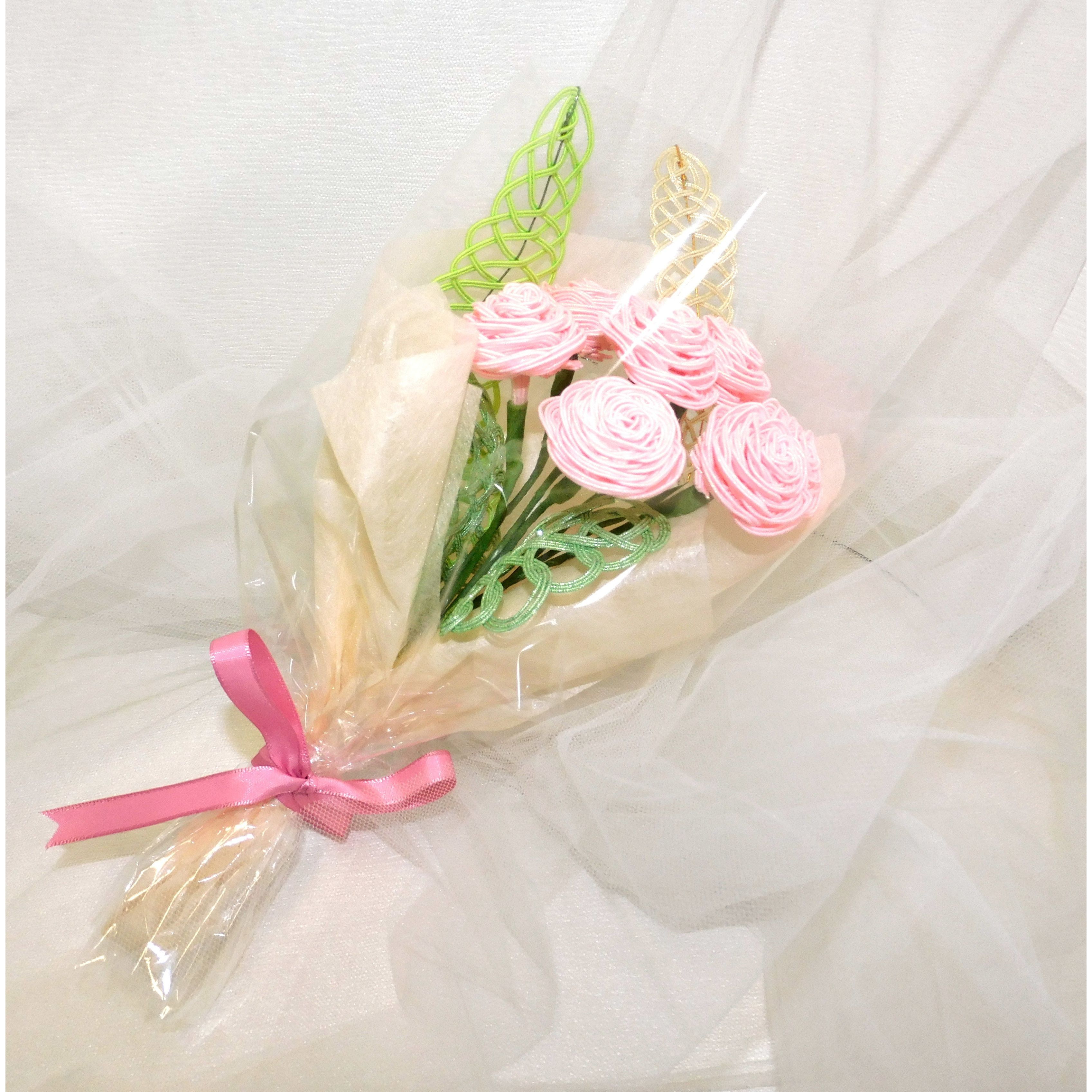 ピンクバラの花束 水引ブーケ 佐賀 水引 ブーケ 花束 数量限定2個 長さ約30センチ 花の大きさ約4センチ