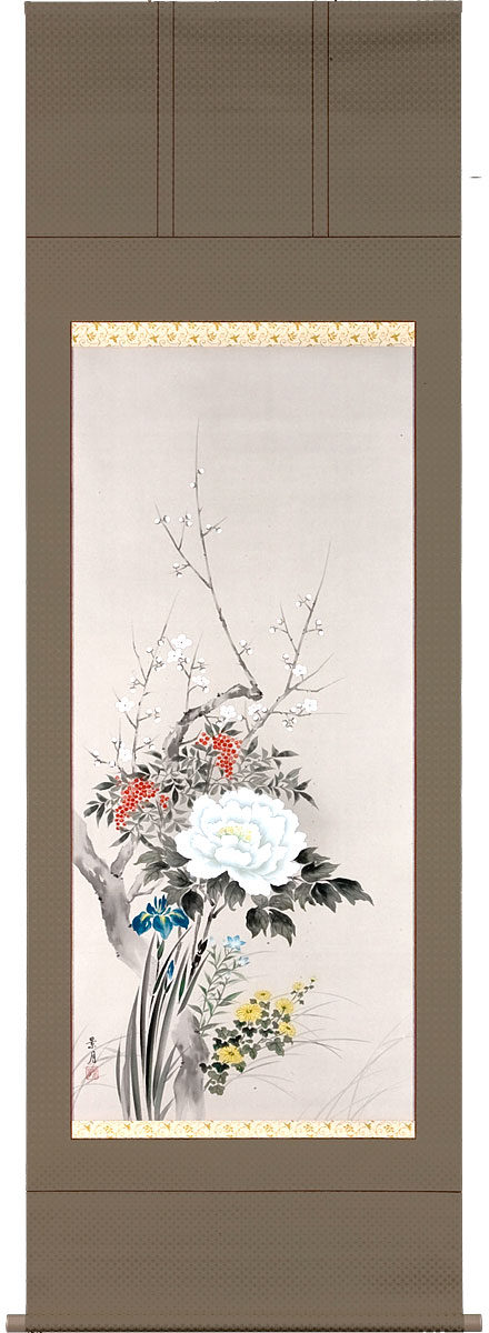 掛軸 掛け軸 四季草花 佐藤景月 尺八立 約横72×縦199cm【送料無料】b1313 年中 年中掛 年中掛け 花鳥 吉祥 開運 和室 和 床の間 和風 新築 落成 お祝い 御祝 贈答 贈り物 出産