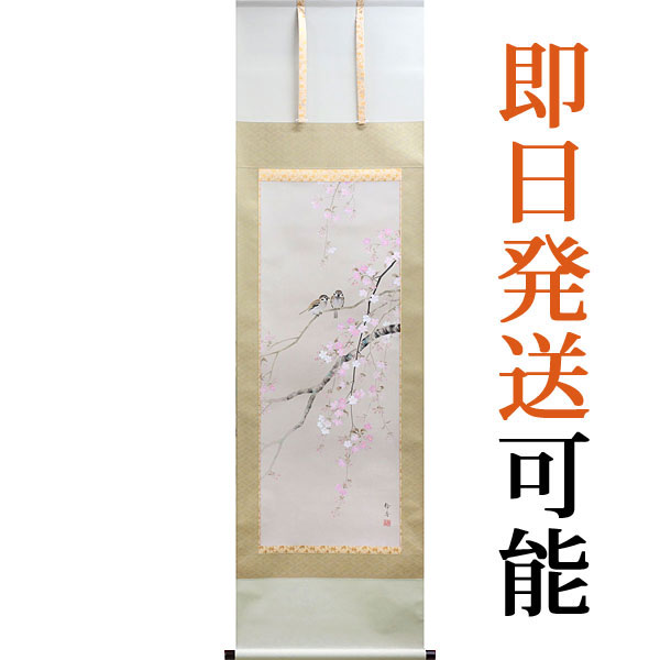 掛軸 掛け軸 春用 桜に小禽 北条静香 尺五立 約横54.5cm×縦190cm【送料無料】p9640 春 春掛 春掛け 花鳥 サクラ 和室 和 床の間 和風 お祝い 御祝 贈答 贈り物