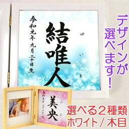 命名書　木製フォトフレーム（ホワイト・木目）【リーフ・ブルー】毛筆で心を込めてお書きします