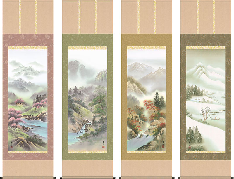 楽天結納屋さん掛軸 掛け軸 四季山水　お得な4本セット 緒方葉水 尺五立 約横54.5×縦190cm【送料無料】d9319 山水 風景 風水 事務所 店舗 移転 開店 開業 新築 落成 お祝い 御祝 贈答 贈り物