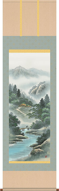 掛軸 掛け軸 緑風水明　 伊藤渓山 尺五立 約横54.5×縦190cm【送料無料】d9409【第40集】 山水 風景 風水 事務所 店舗 移転 開店 開業 新築 落成 お祝い 御祝 贈答 贈り物