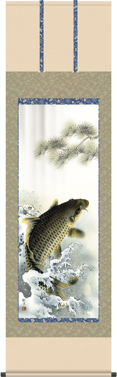 端午の節句掛軸 掛け軸 　大昇鯉　森山観月 【尺五立】約横54.5×縦190cm g4764 端午の節句 初節句 出産 子どもの日 こどもの日 子供の日 鯉 鯉のぼり こいのぼり 昇鯉 登竜門 夫婦鯉 開運 縁起 吉祥 選挙