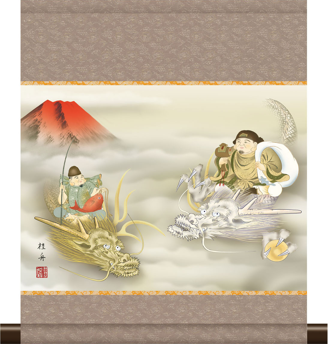 掛軸 干支の掛け軸 和風モダン掛 恵比寿大黒双龍図 長江桂舟 辰年/龍/竜 約横35cm×縦42cm ミニサイズ ミニ掛軸 g6788 KM3R2-144 慶祝 慶事 龍 竜 縁起 開運 厄除け 厄除 財運 吉祥 登竜門 お祝い 御祝 贈答 贈り物 長寿 賀寿