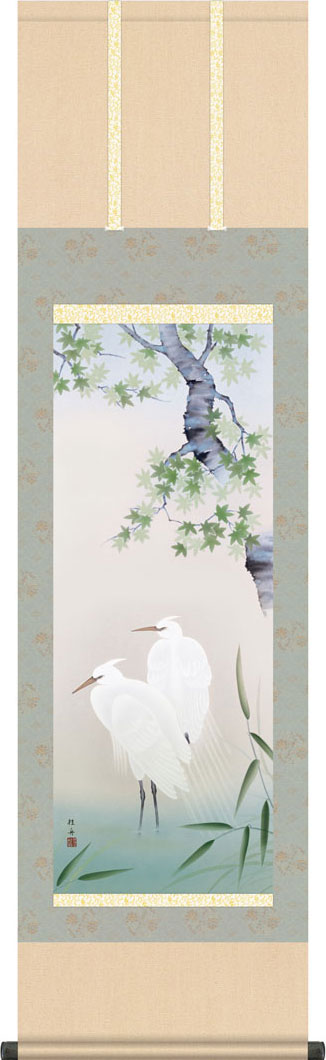 掛軸 掛け軸 夏用 楓に白鷺 長江桂舟 尺三立 約横44.5cm×縦164cm g7064 KZ5MA11-003 夏 夏掛 夏掛け 花鳥 しらさぎ 和室 和 床の間 和風 お祝い 御祝 贈答 贈り物