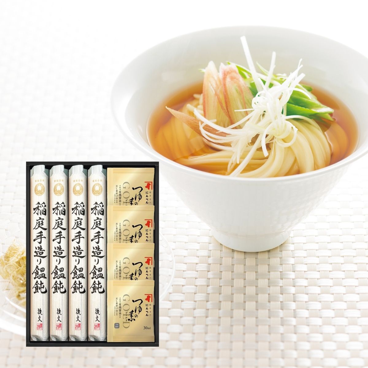 後文の稲庭うどん＆にんべんのめんつゆ詰合せ INA-30 ギフト プレゼント 贈り物 お中元 夏ギフト グルメ 麺 うどん 稲庭 めんつゆ にんべん 乾麺 和麺 詰め合わせ セット 麺ギフト 内祝い お返し 挨拶 お祝い 出産祝い 結婚祝い 香典返し 御中元 暑中見舞い yuisel-tumugiya-10001108 結セレクション つむぎ屋 パッケージ画像