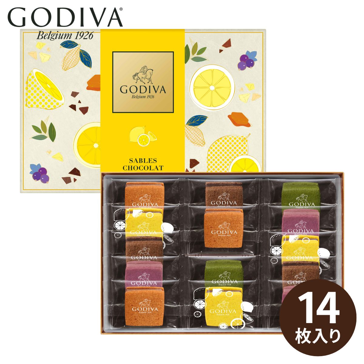 乐天商城 - GODIVA サブレショコラ瀬戸内レモンアソートメント 14個入(承り期間：8月23日まで) ゴディバ チョコレート ギフト プレゼント 焼き菓子 サブレ チョコガナッシュ 期間限定 レモン 宇治抹茶 カシス キャラメル セレクション ボックス 高級 定番