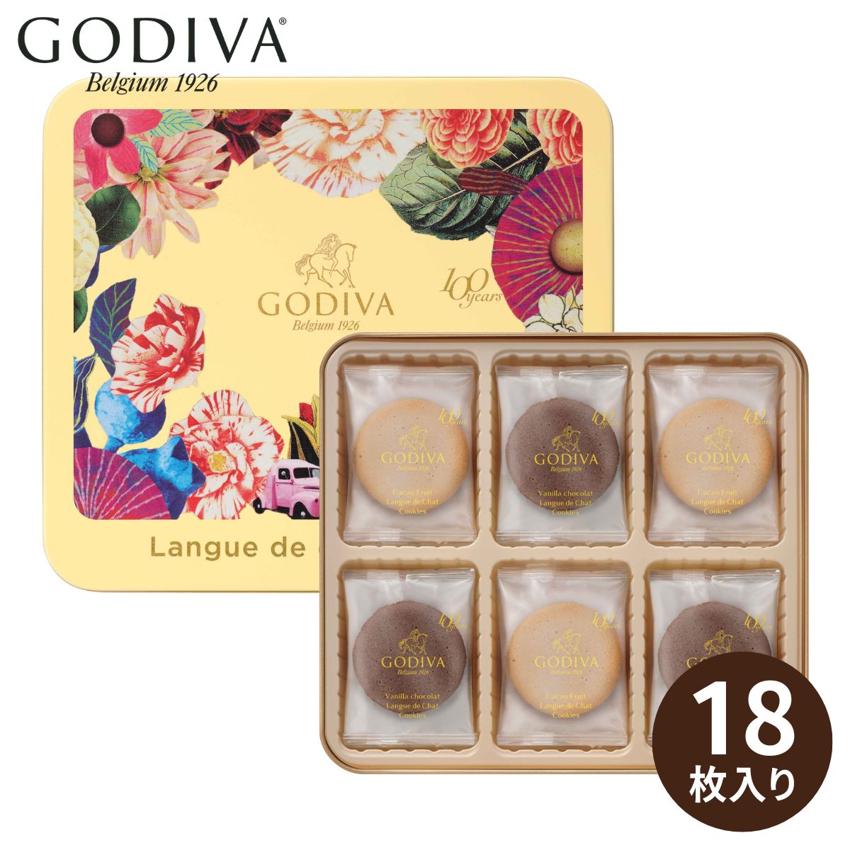 GODIVA 100周年 ラングドシャクッキーアソートメント 18枚入(承り期間：8月23日まで) ゴディバ ギフト 限定 高級 チョコレート 焼き菓子 詰め合わせ 個包装 手土産 贈り物 プレゼント 内祝い 記念日 お祝い 人気 スイーツ カカオフルーツ バニラショコラ